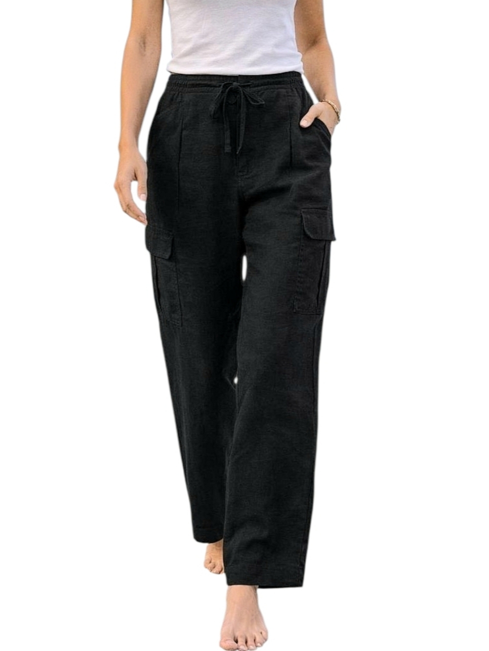 NEW w/tag Athleta Paradise Straight Leg Cargo Pant Black Linen Blend Sz Med NWT
